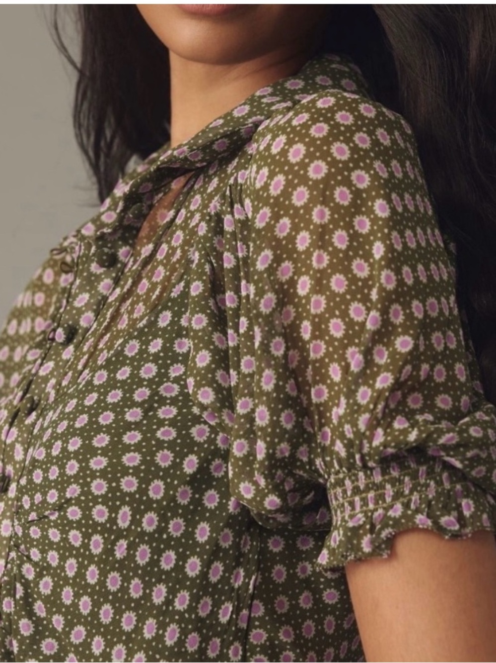 Anthropologie Puff-Sleeve Ruched Mesh Midi Shirt Dress Women Sz 10 Floral office - Picture 3 of 13